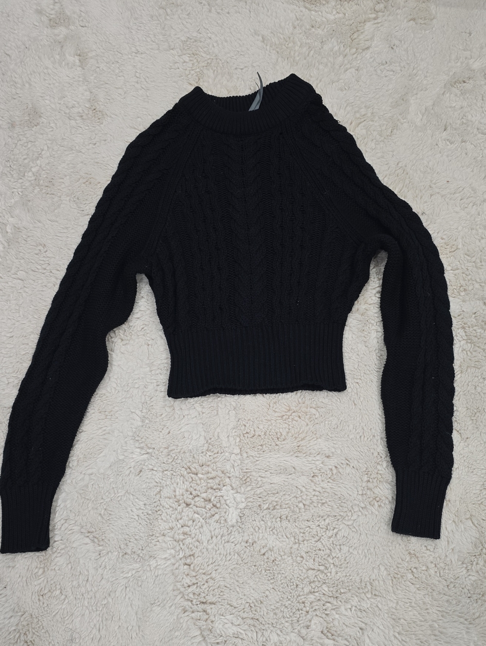 Anthropologie Black Cable-Knit Cropped Crewneck Sweater
